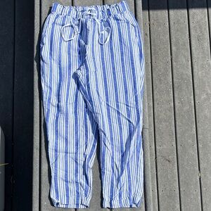 LOFT Women’s Blue and White Striped Linen Pants, Pockets, Lightweight, Size S